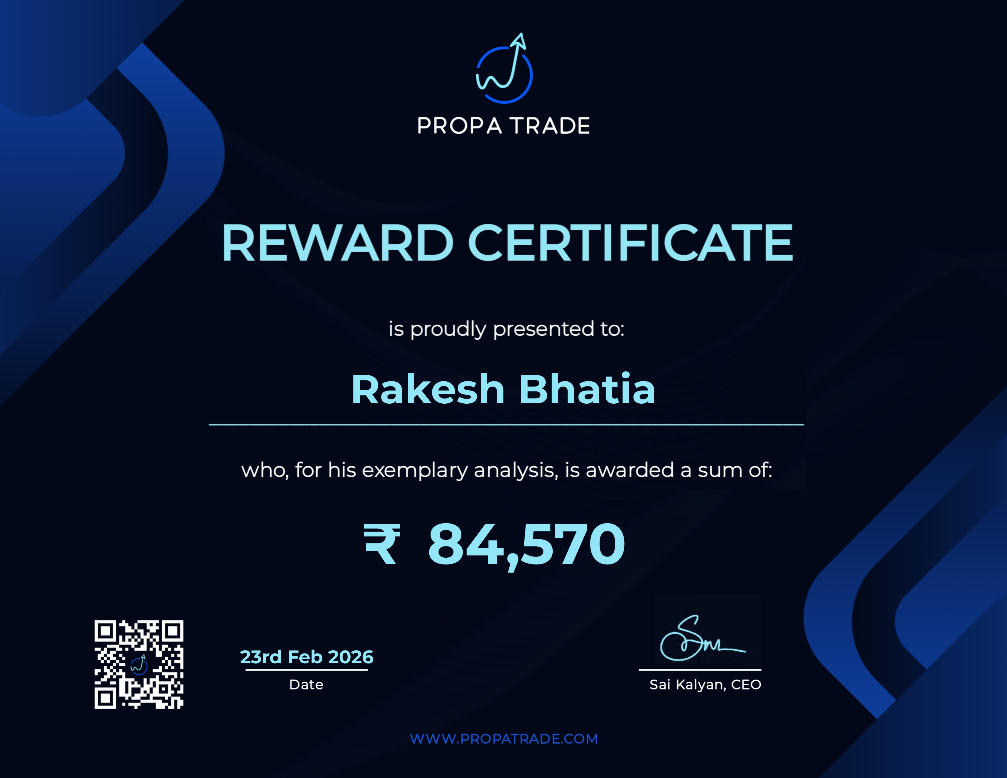 Reward Certificate - Rakesh Bhatia